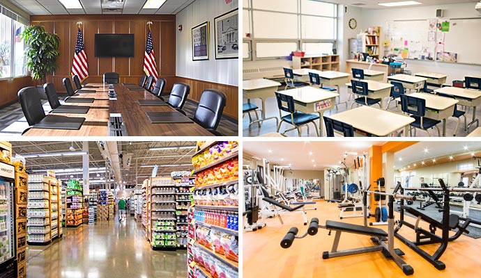 Collage of government office, retail store, a classroom, and a gym areas.