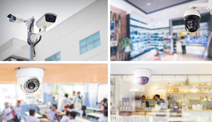 Collage of diverse security cameras used in retail, healthcare, education, and municipal environments