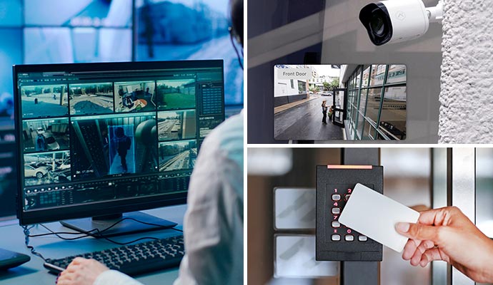 Collage of security feed monitoring, installed outdoor security camera and using key card reader