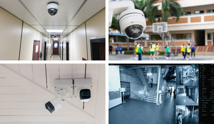 Collage of indoor, outdoor camera, AI protective monitoring, and video AI deterrence