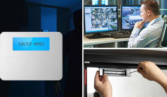 Collage of burglary detection, monitoring  and magnetic lock