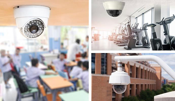 Collage of school room, fitness center, and government building installed security camera