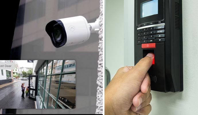 Collage of security camera and access control system