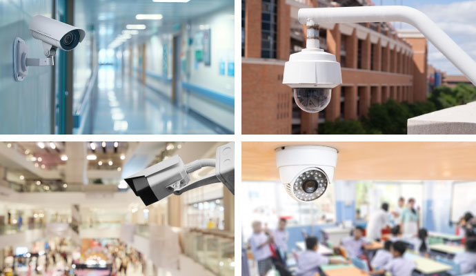 Collage of security camera in hospital, retail store, government office, and school