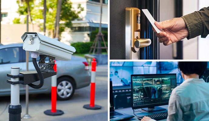 Collage of security camera, key card reader, and footage monitoring system