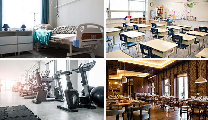 Collage of hospital room, a classroom, a gym, and a restaurant dining area