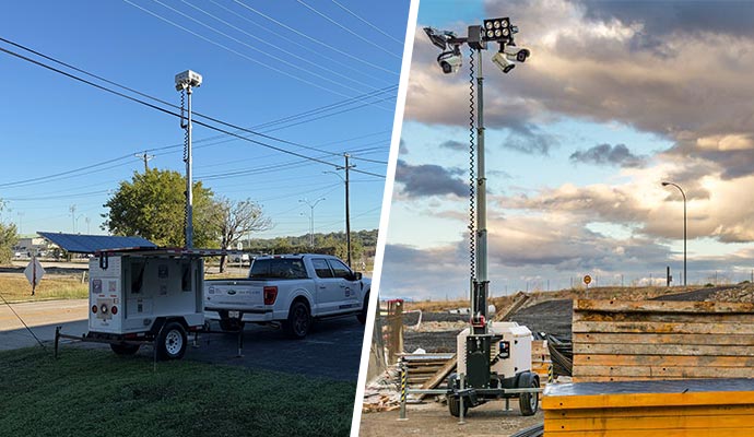 Collage of mobile surveillance trailer in parking and construction site