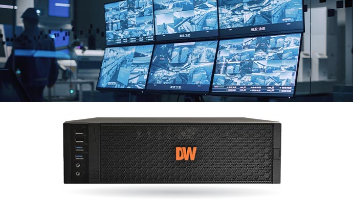 Collage of DW NVR unit and multi-screen surveillance display